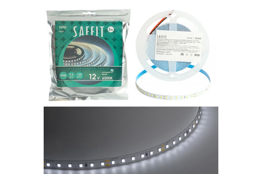 Светодиодная лента Saffit SST02 12В 9,6Вт/м 6500К 5м IP20 55242