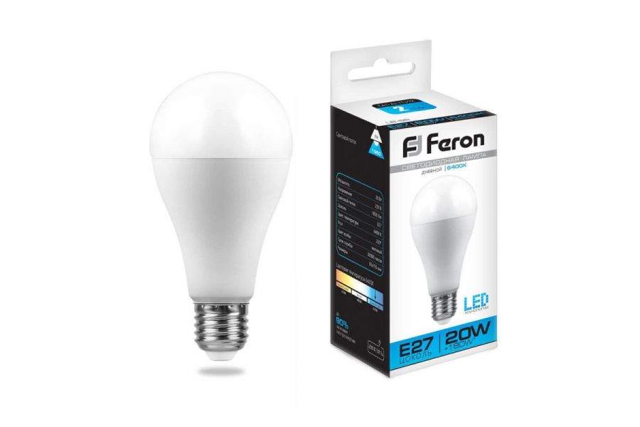 Лампа светодиодная Feron E27 20W 6400K Шар Матовая LB-98 25789