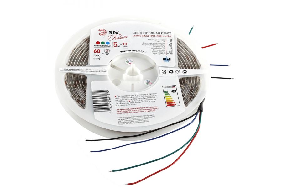 Светодиодная влагозащищенная лента ЭРА 14,4W/m 60LED/m 5050SMD RGB 5M LS5050-14,4-60-12-RGB-IP65-1 Б0002347