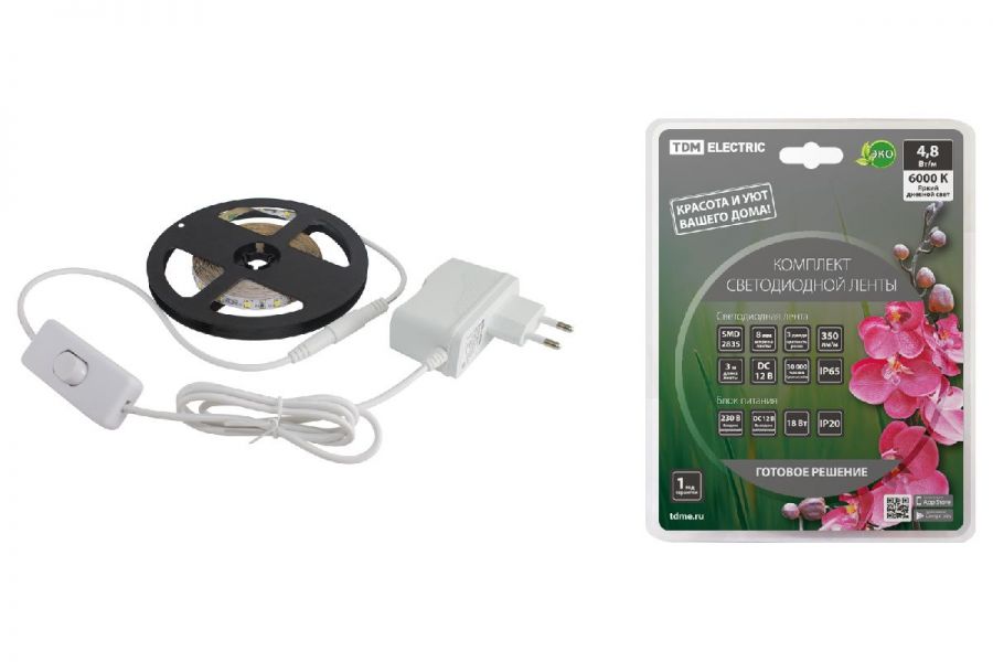 Светодиодная влагозащищенная лента TDM Electric 12В 2835 4,8Вт/м 6000K 3м IP65 SQ0331-0233