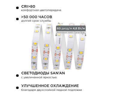 Комплект светодиодной ленты Apeyron 12В (блок, коннектор) 4.8Вт/м smd 3528 60 д/м IP20 5м 3000K (блок, коннектор) 10-11