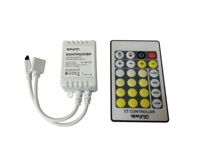 Контроллер для двухцветной светодиодной лентой Apeyron 12-24В 72Вт 2*3A/канал, IP20 пульт, DC-коннектор для входа, 4-игольчатый коннектор для выхода 04-30
