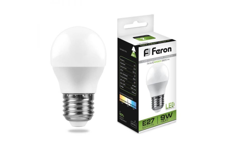 Лампа светодиодная Feron E27 9W 4000K Шар Матовая LB-550 25805