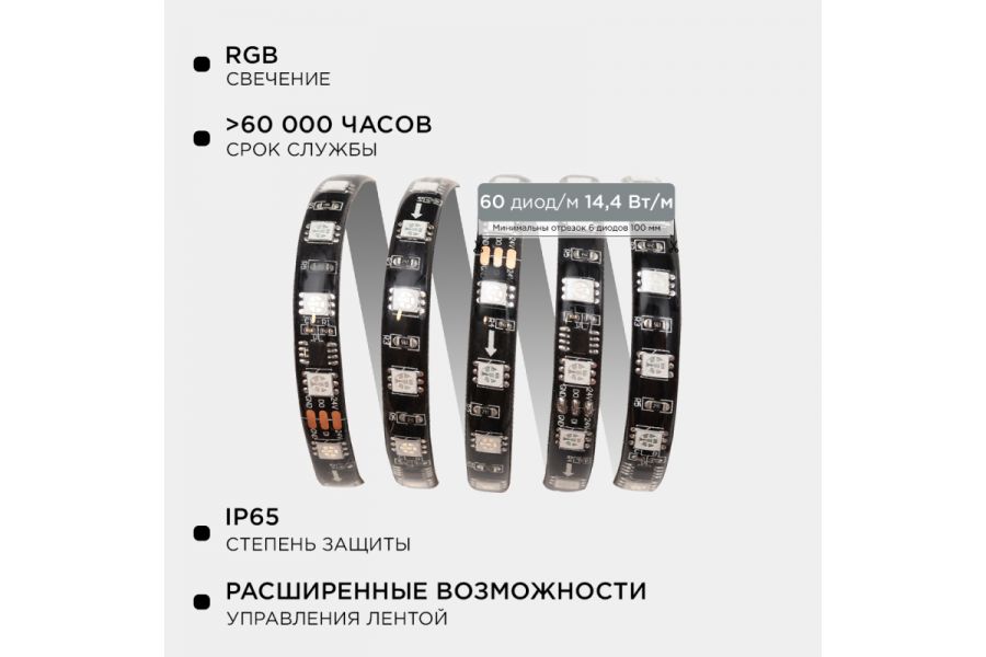 Комплект адресной светодиодной ленты Apeyron 24В 14,4Вт/м smd5050 60д/м IP65 2м RGB (адаптер питания, контроллер) 10-97