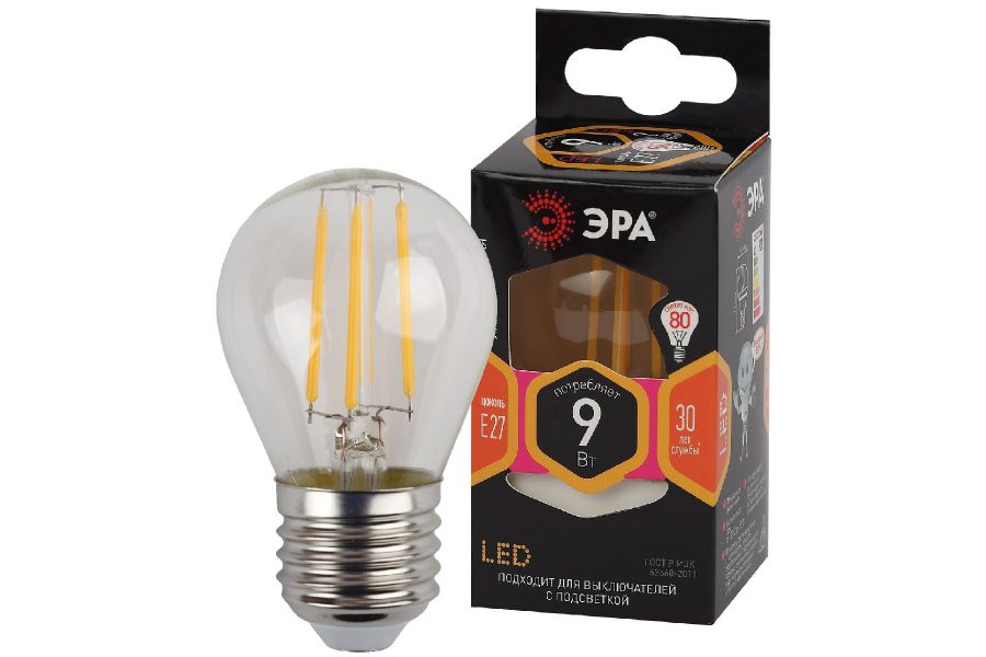 Лампа светодиодная Эра E27 9W 2700K F-LED P45-9w-827-E27 Б0047023