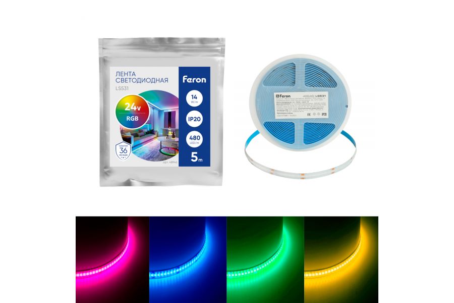 Светодиодная лента Feron LS531 24В 14Вт/м RGB 5м IP20 48946