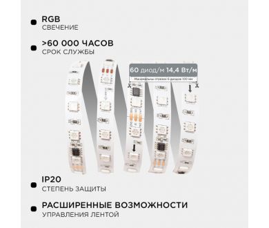 Комплект адресной светодиодной ленты Apeyron 24В 14,4Вт/м smd5050 60д/м IP20 10м RGB (адаптер питания, контроллер) 10-99