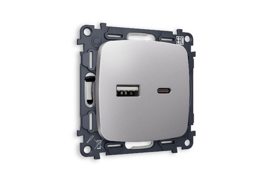 Комплект механизма розетки 2USB A+C 20W 3000mA (быстрая зарядка) Ambrella Volt Omega MO511010