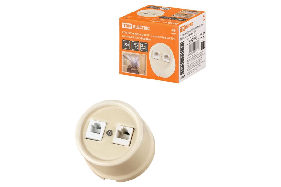 Розетка телефонная RJ11 + компьютерная RJ45 сл. кость Болонь TDM Electric SQ1820-0352