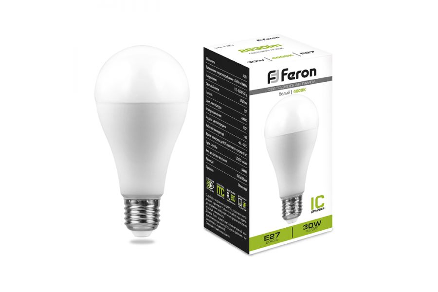 Лампа светодиодная Feron E27 30W 4000K груша матовая LB-130 38195