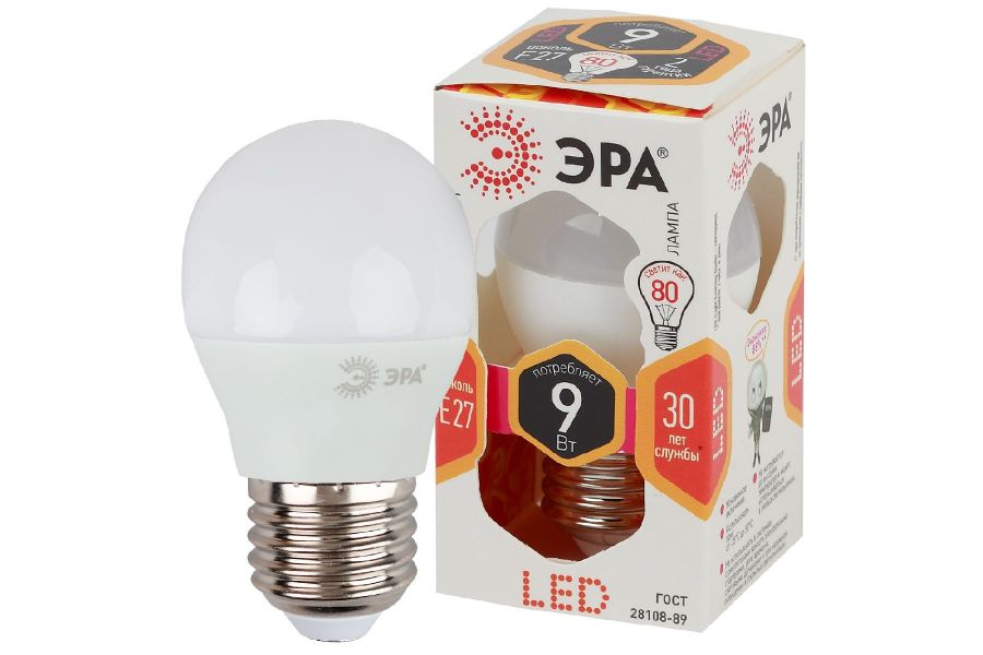 Лампа светодиодная Эра E27 9W 2700K LED P45-9W-827-E27 Б0029043