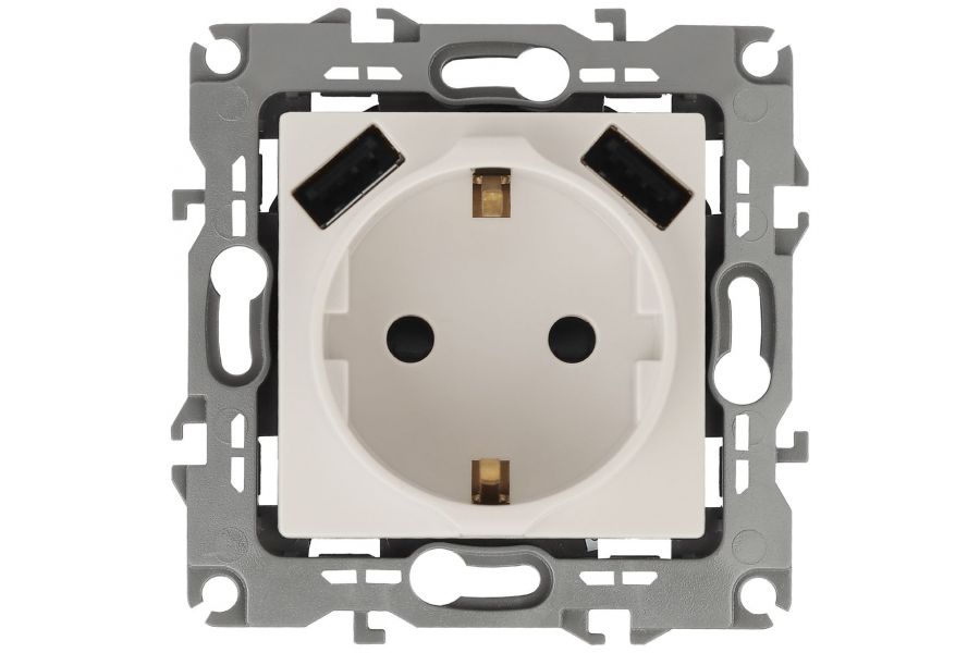 Розетка 2P+E со шторками и 2xUSB Эра 14-4109-02 Б0047868