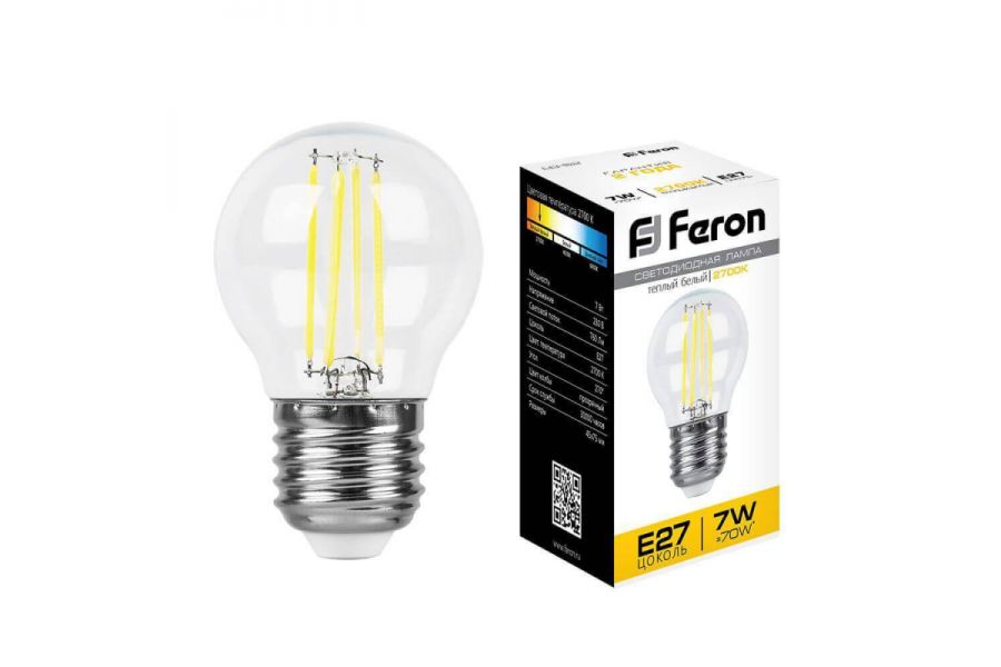 Лампа светодиодная филаментная Feron E27 7W 2700K Шар Прозрачная LB-52 25876