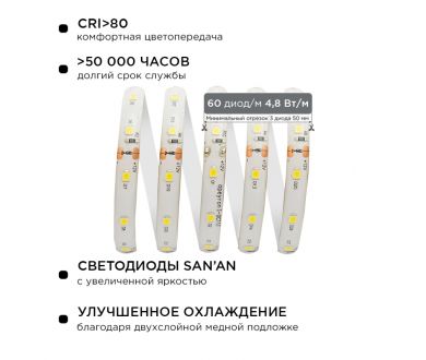 Комплект светодиодной ленты Apeyron 12В 4.8Вт/м smd 3528 60 д/м IP65 5м 3000K (блок, коннектор) 10-27