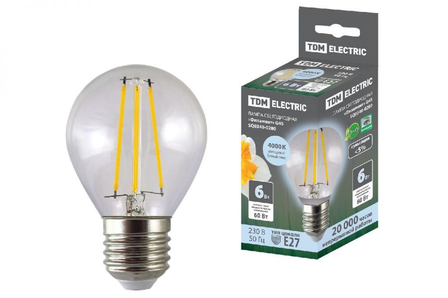 Лампа светодиодная филаментная TDM Electric E27 6W 4000K прозрачная SQ0340-0280