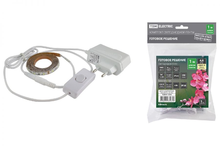 Светодиодная лента TDM Electric 12В 2835 4,8Вт/м 3000K 1м IP20 SQ0331-0222