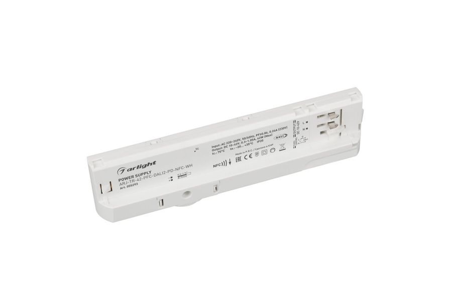 Блок питания для трековых систем Arlight ARJ-TR-42-PFC-DALI2-PD-NFC-WH (42W, 10-42V, 0.3-1.05 A, 4TR) (IP20 Пластик) 055293