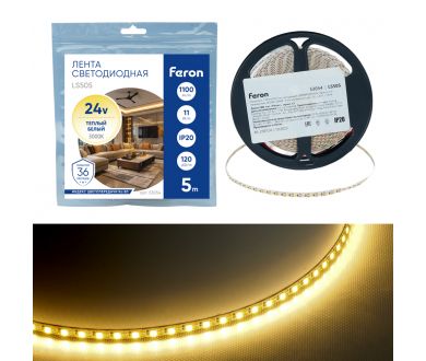 Светодиодная лента 24V Feron LS505, 120*SMD2835, 11W/m, IP20, 3000К (белый теплый) 53054