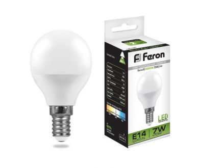 Лампа светодиодная Feron E14 7W 4000K Шар Матовая LB-95 25479