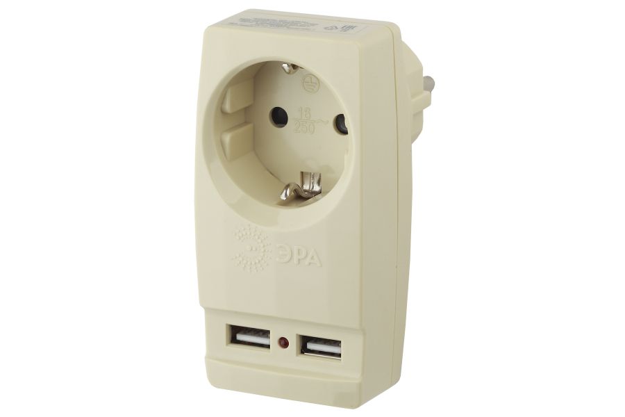 Разветвитель электрический Эра SP-1e-USB-I на 1 розетку + 2 USB с заземлением 16А сл. кость Б0027836