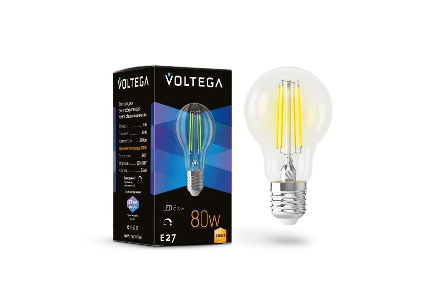 Лампа светодиодная филаментная Voltega E27 8W 3000K груша прозрачная 7229