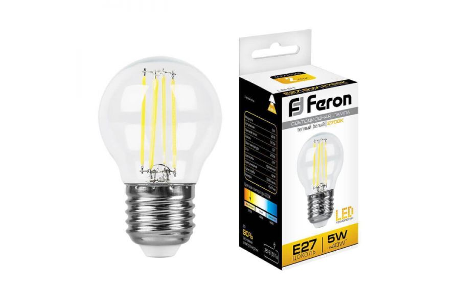 Лампа светодиодная филаментная Feron E27 5W 2700K Шар Прозрачная LB-61 25581