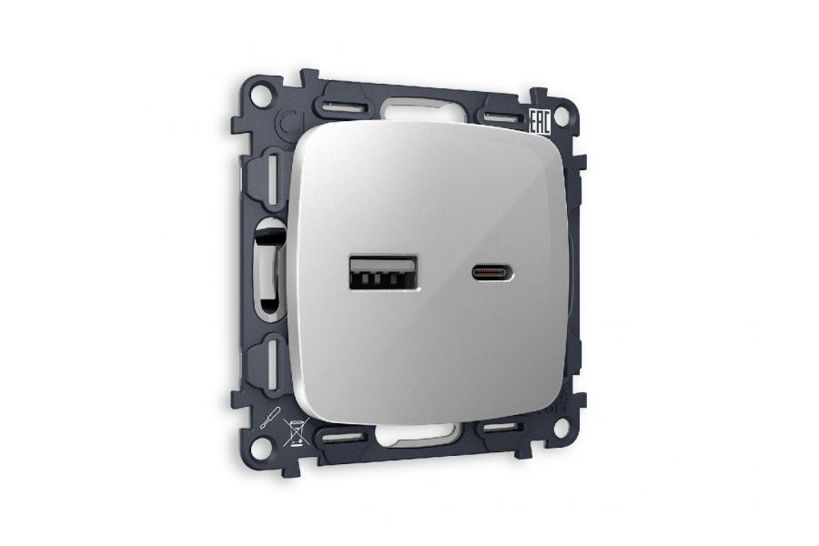 Комплект механизма розетки 2USB A+C 20W (быстрая зарядка) Ambrella Volt Omega MO411010