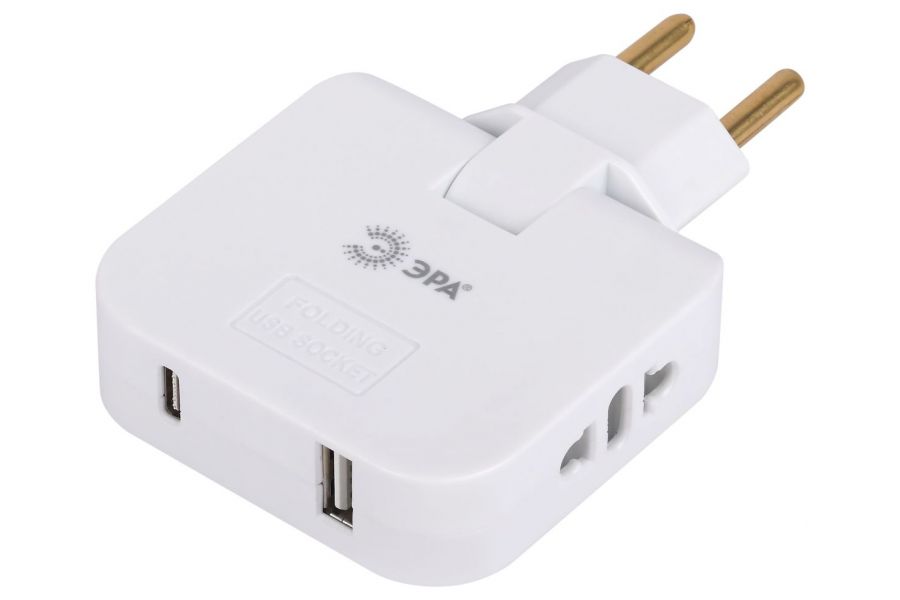 Разветвитель электрический Эра SPF-2-FL-USBC поворотный на 2 розетки + 2USB A+C 10А белый Б0069090