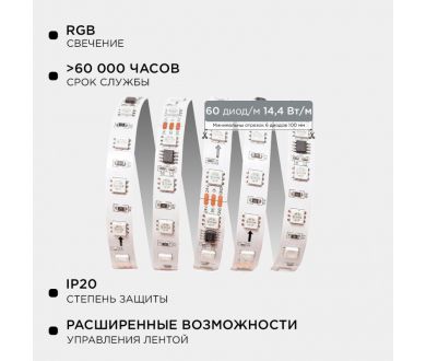 Комплект адресной светодиодной ленты Apeyron 24В 14,4Вт/м smd5050 60д/м IP20 5м RGB (адаптер питания, контроллер) 10-93