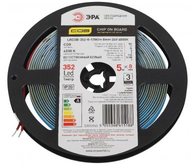 Светодиодная лента Эра 24В 12Вт/м 4000K 5м IP20 LRCOB-352-8 12W/m 8mm 24V 4000K 3year Б0053963