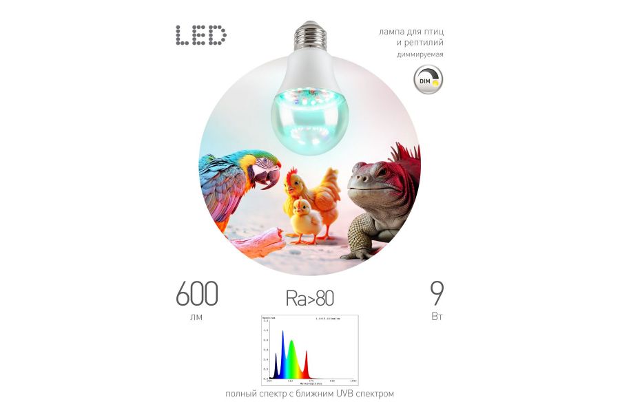 Светодиодная лампа для птиц и рептилий Эра FITO-Dim 9W Chicken E27 Б0059884