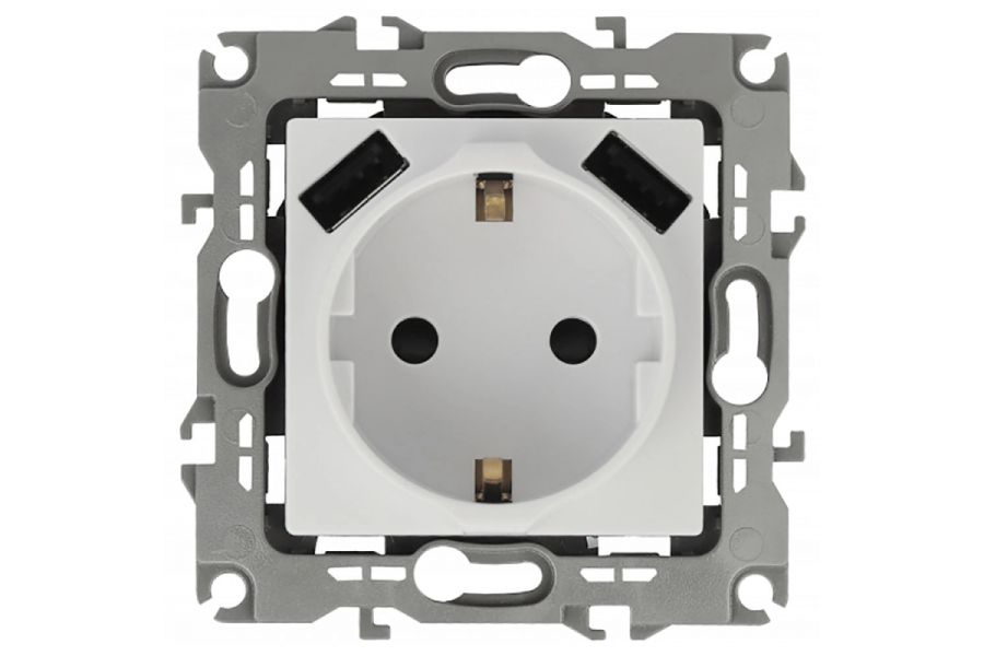 Розетка Эра Elegance 2P+E 16A-250В с защитной шторкой и 2xUSB 5В-3А 14-4109-01 Б0047867