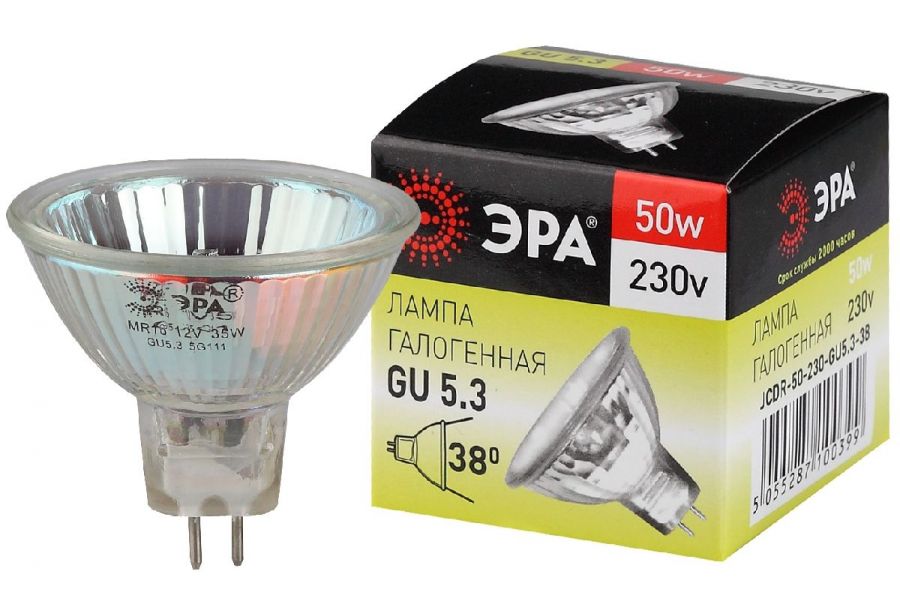 Лампа галогенная Эра GU5.3 50W 3000K GU5.3-JCDR (MR16) -50W-230V-CL C0027365