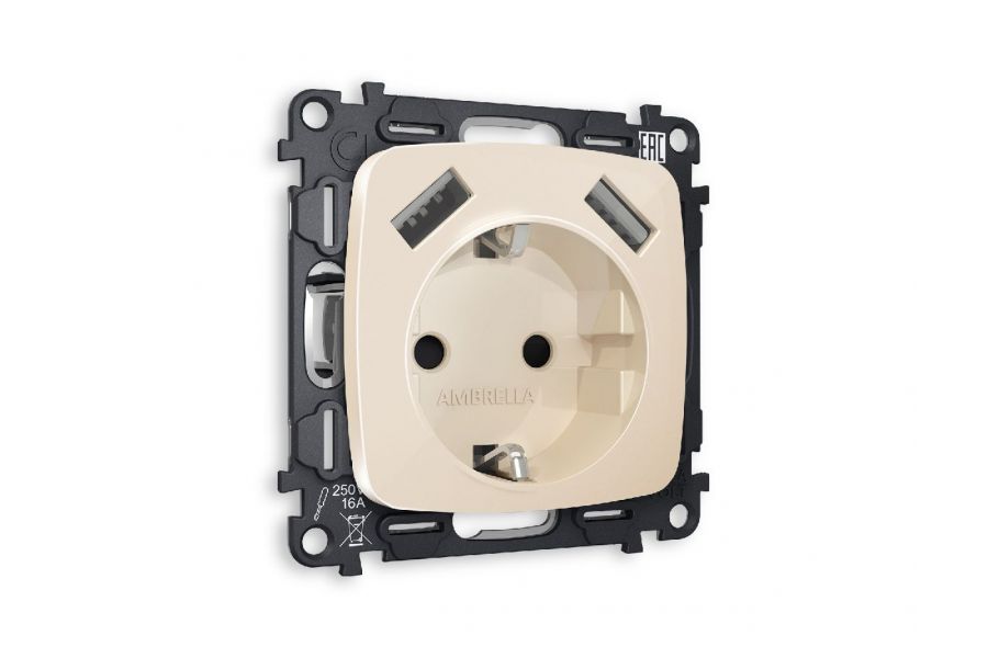 Комплект механизма розетки 2USB A+A 18W (быстрая зарядка) с/з Ambrella Volt Omega MO309010