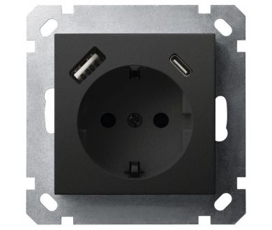 Розетка SHUKO Jasmart с USB тип USB A-C с защитными шторками черный матовый (soft touch) 25W 16A 250V 2P+T G5501USB-25PB