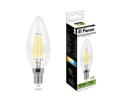 Лампа светодиодная филаментная Feron E14 7W 4000K Свеча Прозрачная LB-66 25780