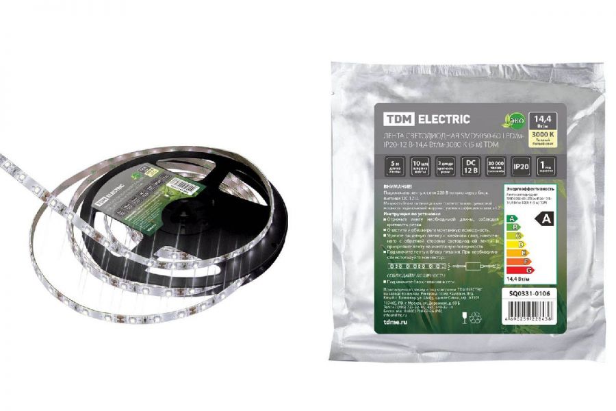 Светодиодная лента TDM Electric 12В 5050 14,4Вт/м 3000K 5м IP20 SQ0331-0106
