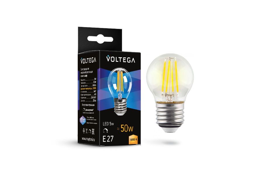 Лампа светодиодная филаментная Voltega E27 5W 3000K шар прозрачный 7202