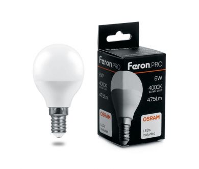 Лампа светодиодная Feron E14 6W 4000K шар матовый LB-1406 38066