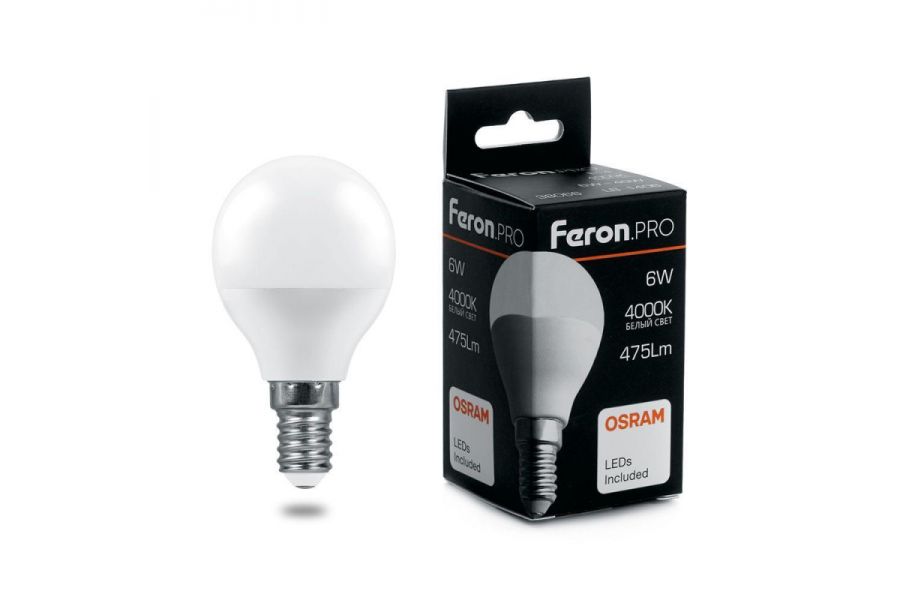 Лампа светодиодная Feron E14 6W 4000K шар матовый LB-1406 38066