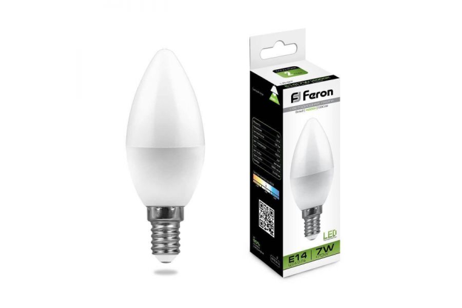 Лампа светодиодная Feron E14 7W 4000K Свеча матвоая LB-97 25476