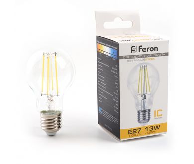 Лампа светодиодная филаментная Feron E27 13W 2700K груша прозрачная LB-613 38239