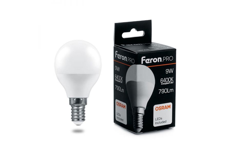 Лампа светодиодная Feron Pro E14 9W 6400K шар матовый LB-1409 38079