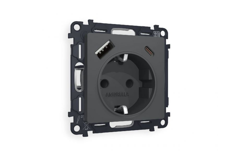 Комплект механизма розетки 2USB A+C 20W (быстрая зарядка) с/з Ambrella Volt Alfa MA910010