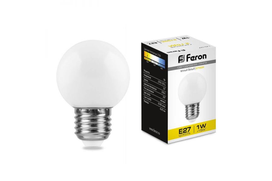 Лампа светодиодная Feron E27 1W 2700K Шар Матовая LB-37 25878