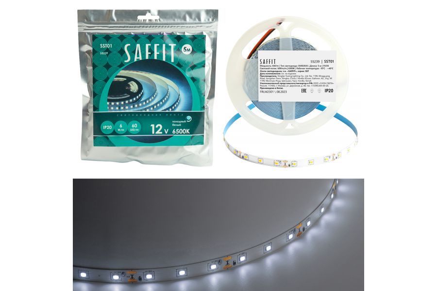 Светодиодная лента Saffit SST01 12В 6Вт/м 6500К 5м IP20 55239