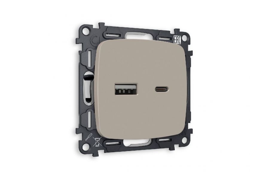 Комплект механизма розетки 2USB A+C 20W (быстрая зарядка) Ambrella Volt Omega MO371010