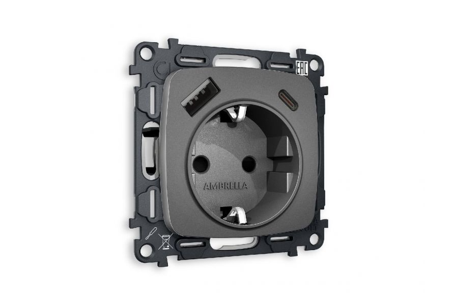 Комплект механизма розетки 2USB A+C 20W (быстрая зарядка) с/з Ambrella Volt Omega MO660010